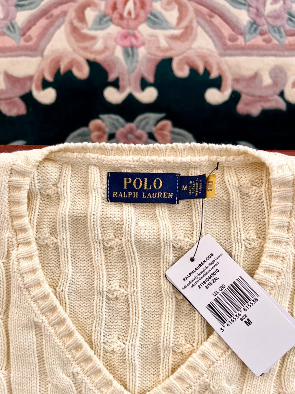 Polo by Ralph Lauren Cream Cable-Knit V-Neck Sweater with Navy Pony - Picture 4 of 7